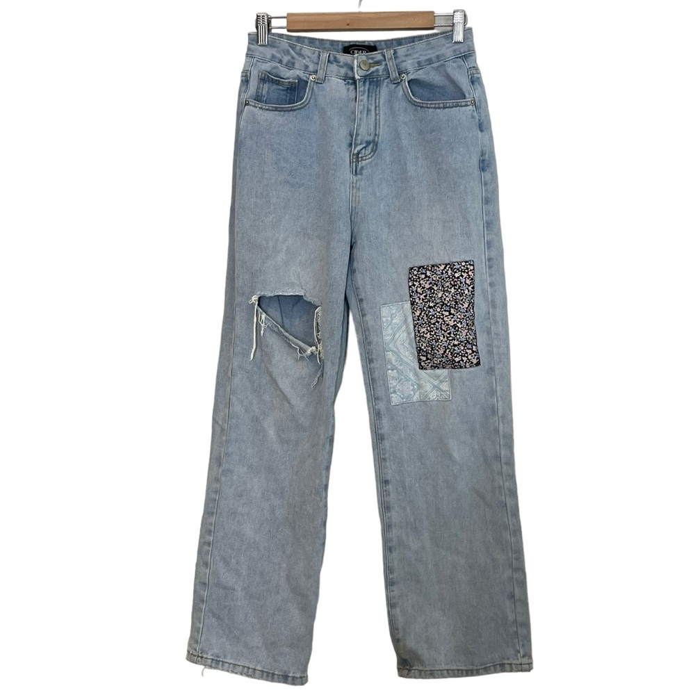 Cider High Rise Straight Wide Leg Patchwork Jeans Size M 27 Lightwash Torn